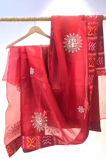 Organza red saree with jajji silk blend border with blouse