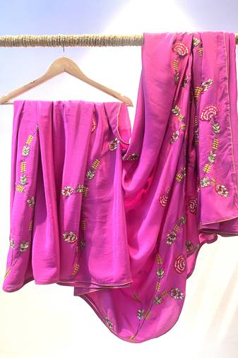 Pink crepe embroidered saree