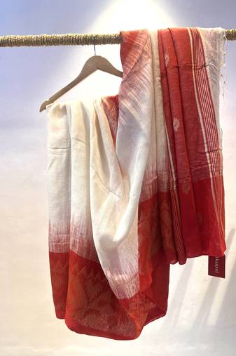 Linen red & white saree with blouse