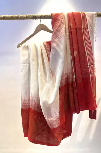 Linen red & white saree with blouse