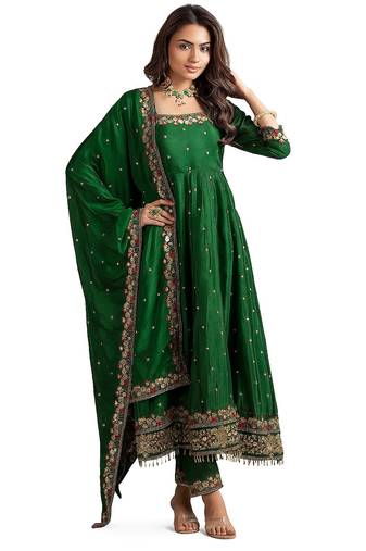 GREEN SILK EMBROIDERY HAND WROK PARTY WEAR SUIT SET 