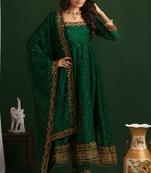 GREEN SILK EMBROIDERY HAND WROK PARTY WEAR SUIT SET 