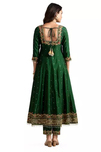 GREEN SILK EMBROIDERY HAND WORK PARTY WEAR SUIT SET 