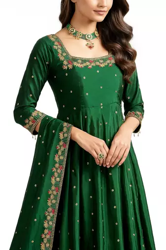 GREEN SILK EMBROIDERY HAND WORK PARTY WEAR SUIT SET 