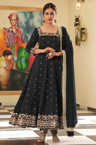 BLACK SILK HAND  PARTY WEAR EMBRODERY SILK SALWAR SUIT