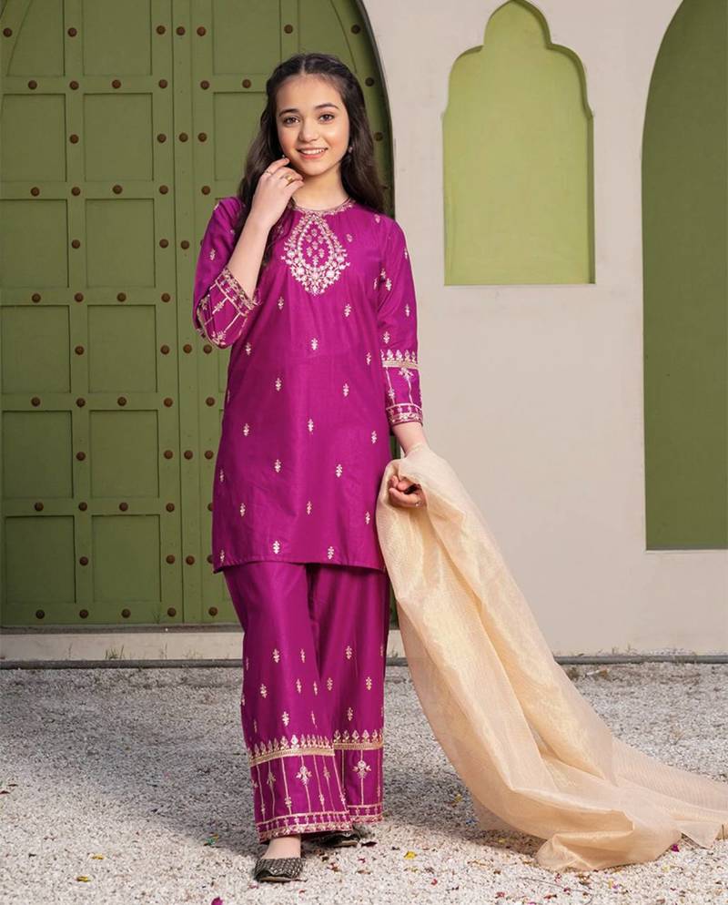 Alluring Heavy Pure Creap Embroidery Work Rani Pink Readymade Salwar Suit