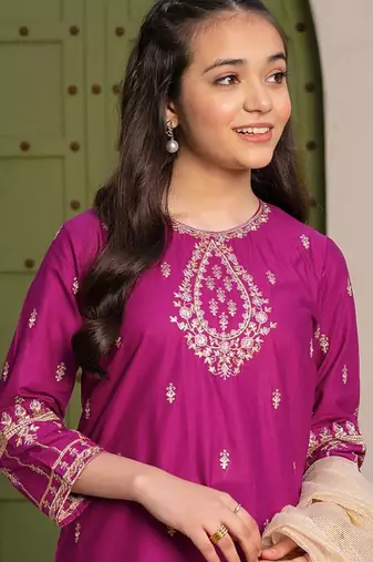 Alluring Heavy Pure Creap Embroidery Work Rani Pink Readymade Salwar Suit