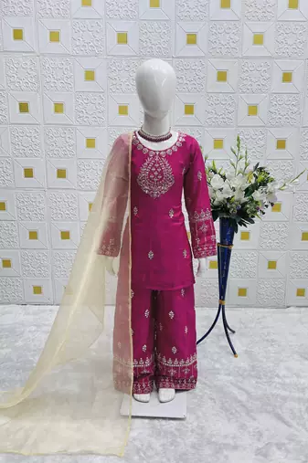 Alluring Heavy Pure Creap Embroidery Work Rani Pink Readymade Salwar Suit