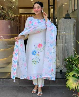 White Floral Printed Linen Kurta Set with Pastel Dupatta 1
