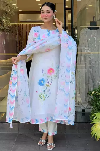 White Floral Printed Linen Kurta Set with Pastel Dupatta