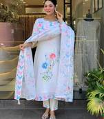 White Floral Printed Linen Kurta Set with Pastel Dupatta