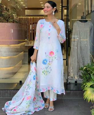 White Floral Printed Linen Kurta Set with Pastel Dupatta 2