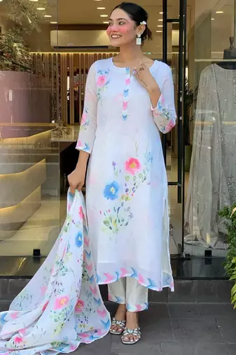 White Floral Printed Linen Kurta Set with Pastel Dupatta