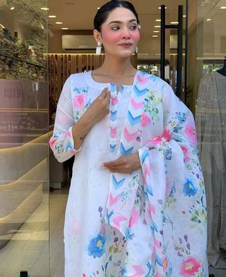 White Floral Printed Linen Kurta Set with Pastel Dupatta 4