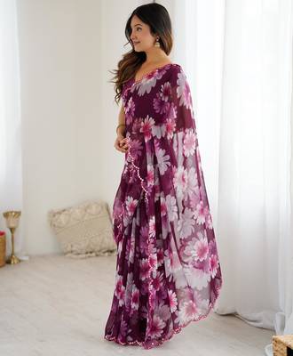 purple georgette flowers printed mirror work border saree 5