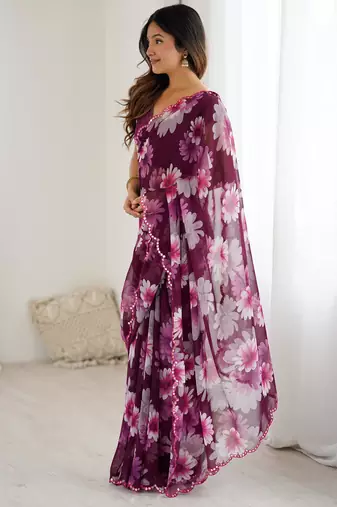 purple georgette flowers printed mirror work border saree