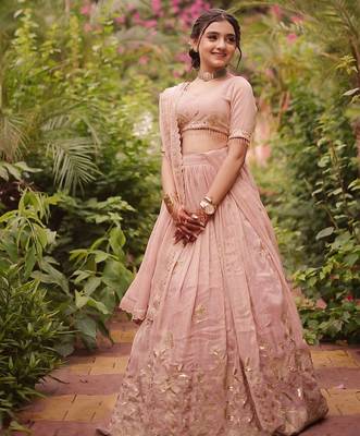 Trendy Heavy Pure Creap Embroidery Work Peach Readymade Lehenga Choli 2
