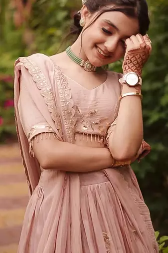 Trendy Heavy Pure Creap Embroidery Work Peach Readymade Lehenga Choli