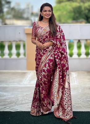wine heavy viscose dola silk blend saree 2