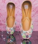 Peach floral embroidered leather juttis