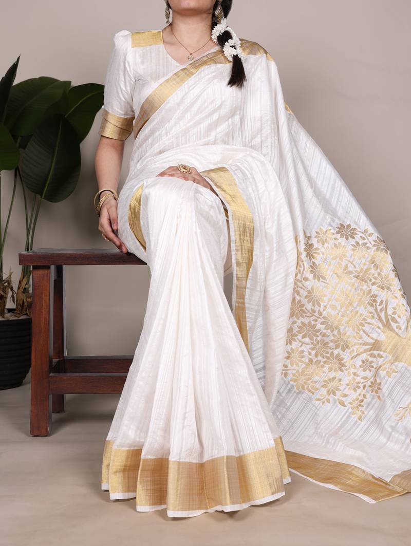 white Silk blend Saree with Intricate Zari Weaving