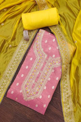 Women's pink colour simmer silk fabric weaving dress material with dupatta