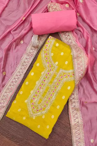 Women's yellow colour simmer silk fabric weaving dress material with dupatta