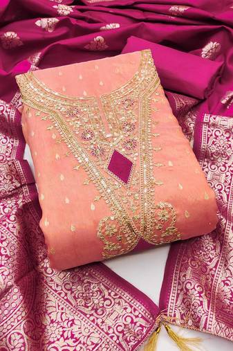 Peach colour organza jacquard fabric weaving dress material with dupatta