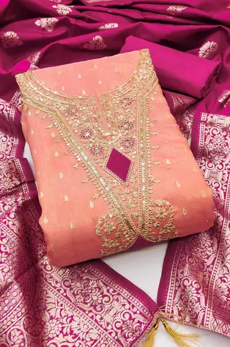 Peach colour organza jacquard fabric weaving dress material with dupatta