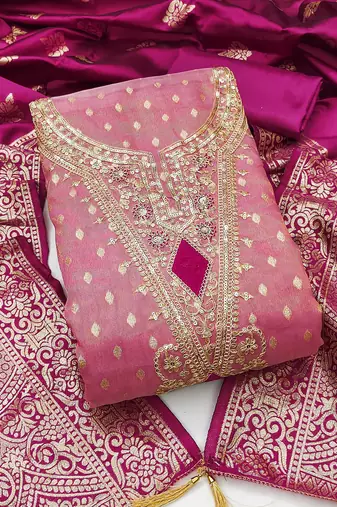 Pink colour organza jacquard fabric weaving dress material with dupatta