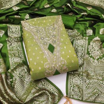 Pista green colour organza jacquard fabric weaving dress material with dupatta 1