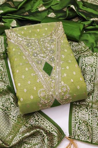 Pista green colour organza jacquard fabric weaving dress material with dupatta