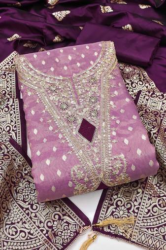 Purple colour organza jacquard fabric weaving dress material with dupatta