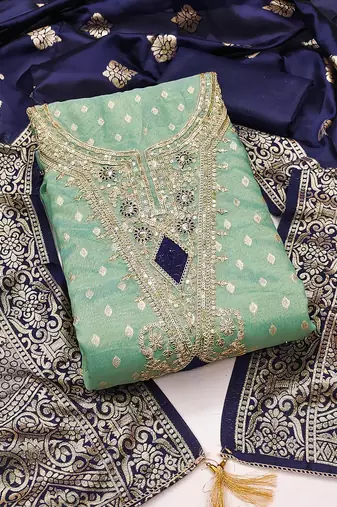 Sea green colour organza jacquard fabric weaving dress material with dupatta