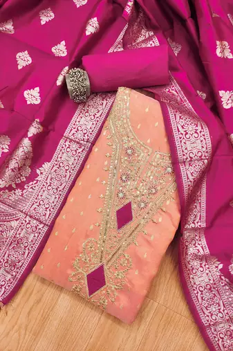 Women's peach colour organza jacquard fabric weaving dress material with dupatta