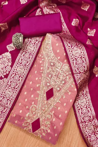 Women's pink colour organza jacquard fabric weaving dress material with dupatta