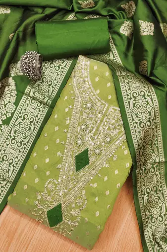 Women's pista green colour organza jacquard fabric weaving dress material with dupatta