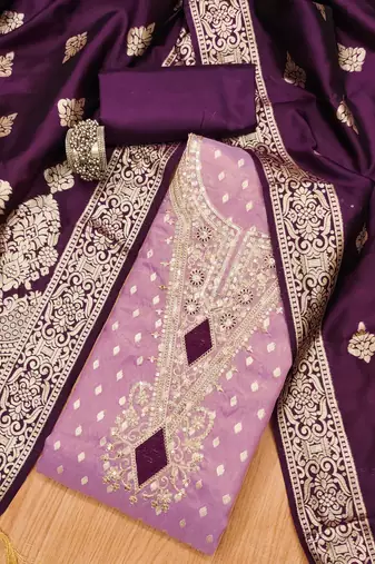 Women's purple colour organza jacquard fabric weaving dress material with dupatta