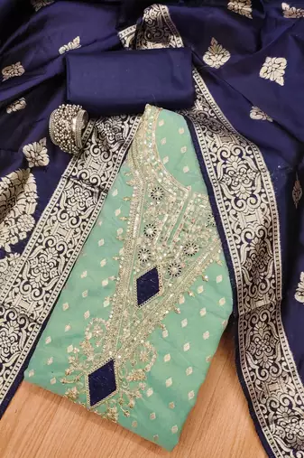 Women's sea green colour organza jacquard fabric weaving dress material with dupatta