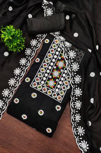 Black chanderi cotton embroidered dress material with dupatta