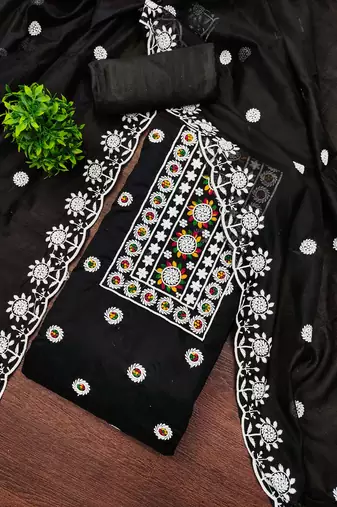 Black chanderi cotton embroidered dress material with dupatta