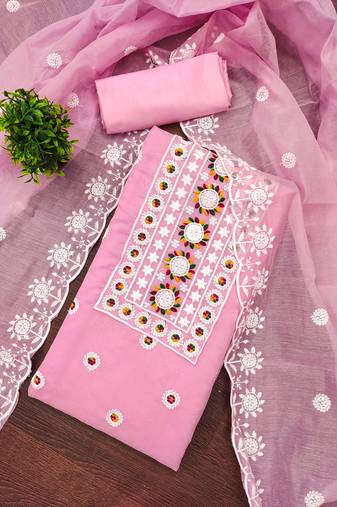 Pink chanderi cotton embroidery dress material for women with dupatta