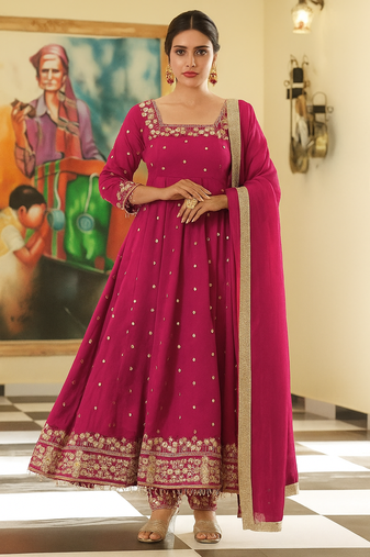 rani pink silk hand work embroidery party wear suit set 