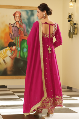 rani pink silk hand work embroidery party wear suit set  2
