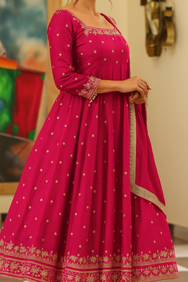 rani pink silk hand work embroidery party wear suit set  3