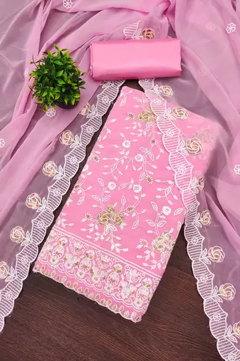 Baby pink georgette embroidered dress material for women with dupatta