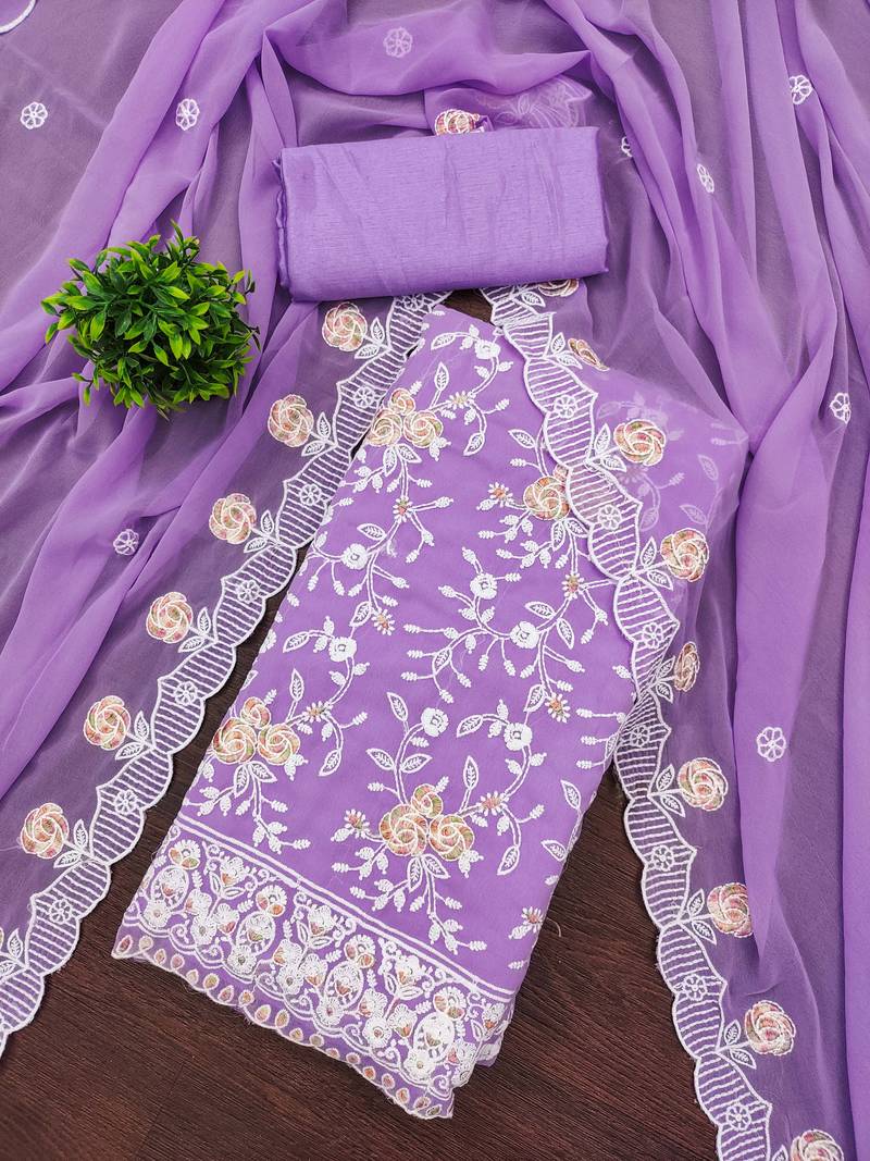 Lavender georgette embroidered dress material with dupatta for women