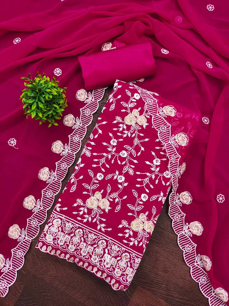 Magenta georgette embroidery dress material with dupatta for women