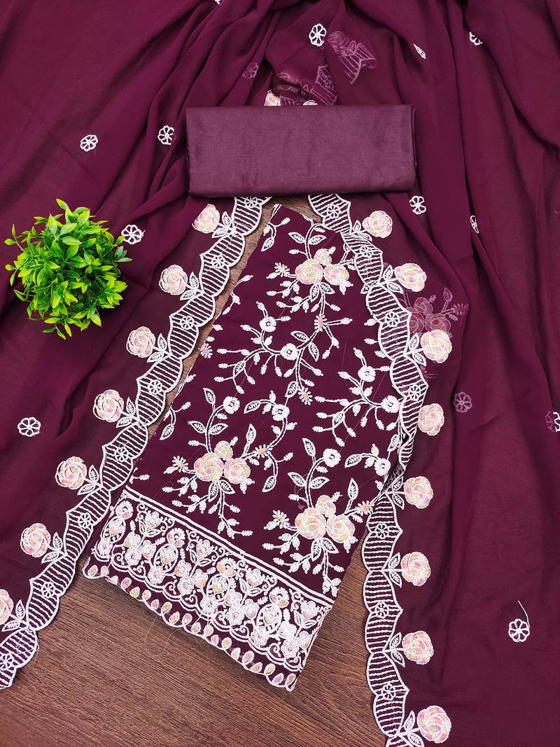 Purple georgette embroidered dress material for women with dupatta