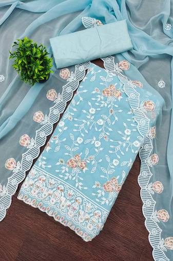 Sky blue georgette embroidered dress material for women with dupatta